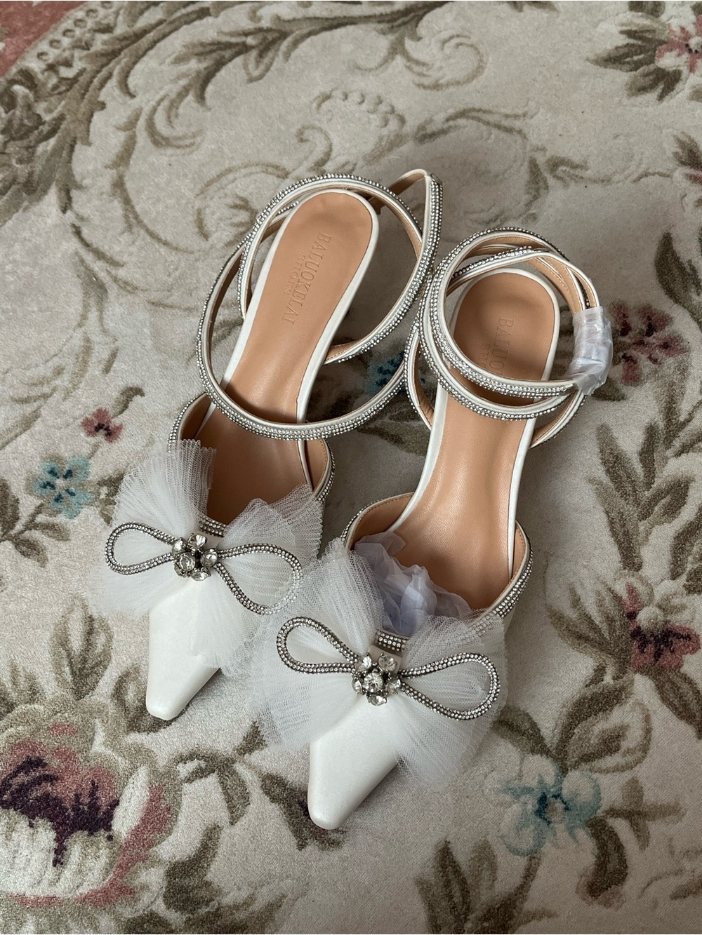 White Pointed-Toe Bridal Heels with Tulle Bow and Crystal Trim